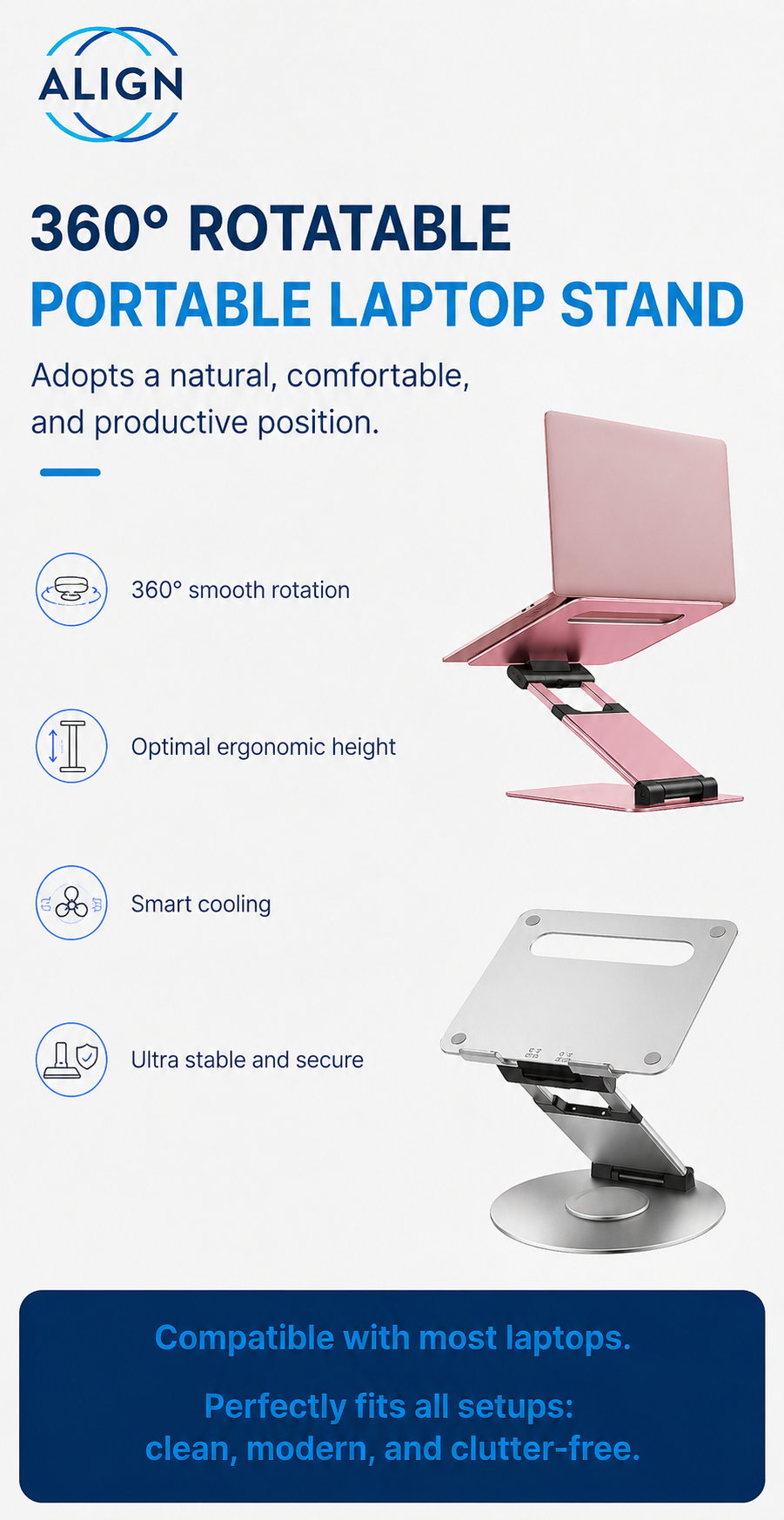 360° draaibare laptopstandaard – Werk beter, zonder pijn.